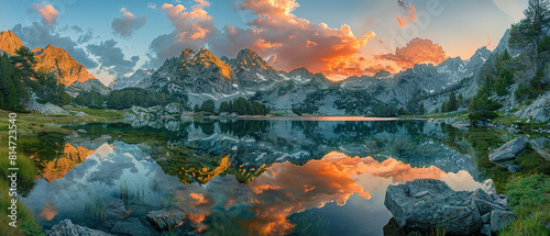Wide Mountain Lake Vista. A wide panoramic shot captures a picturesque mountain lake reflecting a dramatic sunset sky, creating a stunning natural landscape. Panoramic Nature Scenery 