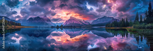 Wide Mountain Lake Vista. A wide panoramic shot captures a picturesque mountain lake reflecting a dramatic sunset sky, creating a stunning natural landscape. Panoramic Nature Scenery 