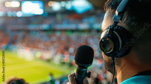 Sports journalist reporting live with a microphone at a vibrant soccer stadium