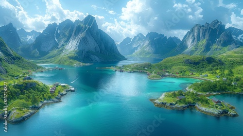 Aerial view of Reine, a traditional fishing village in the Lofoten archipelago in northern Norway when it is sunny and warm during the summer.
