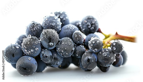 A cluster of dark grapes with a slight frost, suggesting freshness and crispness, isolated on white