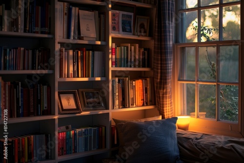 Cozy Evening Reading Nook with Warm Lighting and Bookshelves