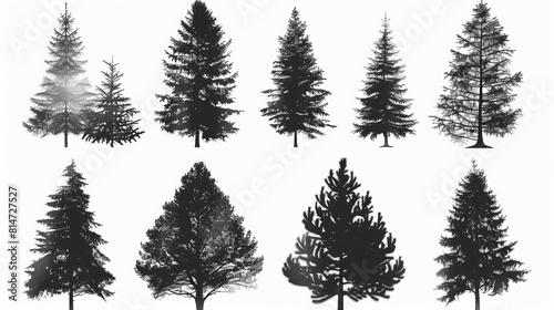 A set of 8 vector pine tree silhouettes.