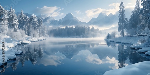 Fantastic winter landscape with snow covered fir trees and lake in the mountains