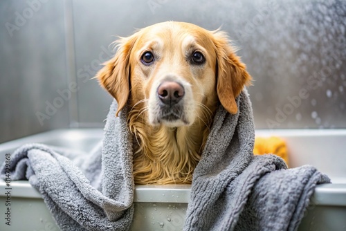 Close-up. A golden retriever is bathing in a bubble bath. Washing the dog. The concept of pet care.