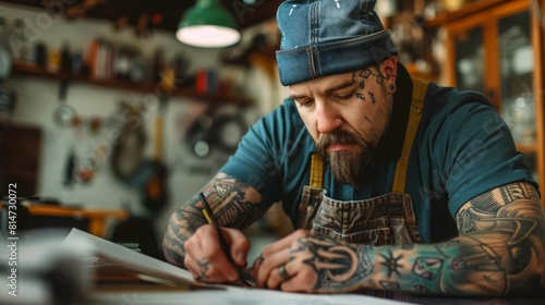 A tattooed man wearing a blue beanie and apron is hard at work in his wood shop. He is konzentriert on his craft and takes great pride in his work.