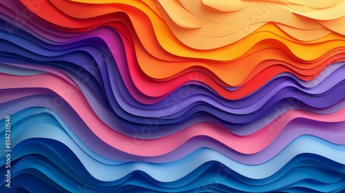 Panoramic abstract illustration of bold, colorful paper waves, each layer cut and overlaid to create a lively banner design