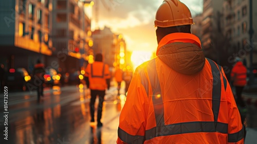 Orange safety vests stand out against urban construction backdrop.