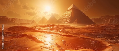 Render Egyptian basbousa, sweet and syrupy, circling around a 3D pyramid complex under a blazing sun