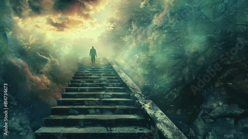 Conceptual image of a businessman walking up a stairway to heaven
