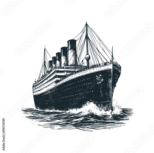 The vintage steamboat. Black white vector illustration.