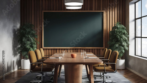 A clean and professional conference room interior featuring a blank blackboard mockup. The room is equipped with a long table