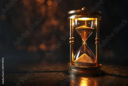 Hourglass with flowing sand, concept of passage of time, measuring time, counting time.