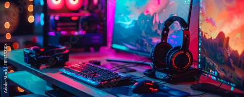 A laptop in a gaming setup with colorful LED lights and gaming gear, appealing to the techsavvy