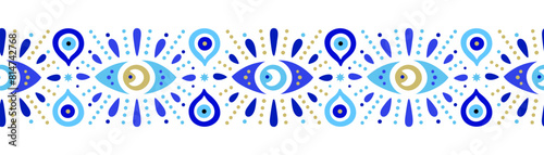 Seamless border of Turkish evil eye symbols. Ethnic style blue greek protection from the spoilage signs with golden details. EPS 10 vector print