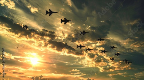 A dramatic sky filled with fighter jets, illustrating the cycle of military retaliation without specifying location, emphasizing the call for peace