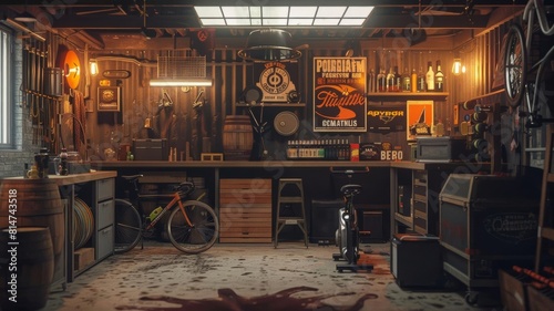home beer brewery in a garage, warm lights, rock posters on the walls, spin bike in the center,
