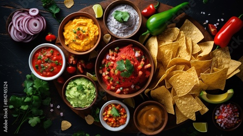 A plate of Mexican cuisine with chips, salsa, and tortilla chips in a vibrant display. A colorful platter of Mexican food with chips, salsa, and tortilla chips.