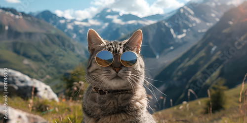 Cute cat wearing glasses in the snow with beautiful sunset generative ai, Cat sunbathing wear sun glasses