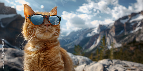  Cute cat wearing glasses in the snow with beautiful sunset generative ai, Cat sunbathing wear sun glasses 