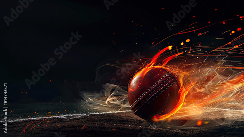 A photorealistic depiction of a cricket ball engulfed in flames, captured in action on a pitch illuminated by floodlights with a black background, emphasizing dynamic movement.