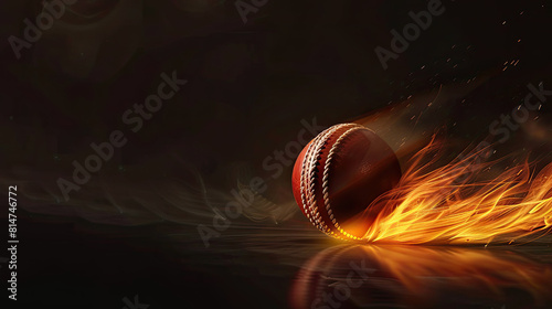 A stunning photorealistic image of a fiery cricket ball in motion on a pitch under powerful floodlights and set against a black background, capturing the excitement and energy of the sport.