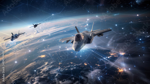 Three fighter jets soaring above Earth with digital network