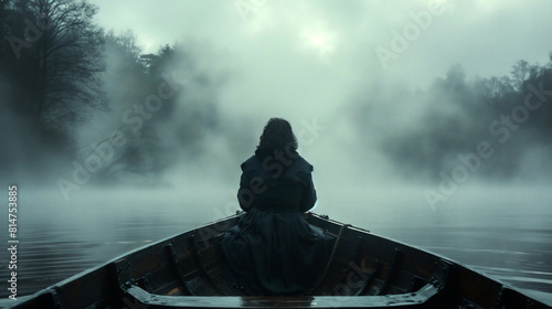 Rear view of a lonely man's silhouette sitting in a boat in the middle of a lake. Overcast, misty, foggy wheather.