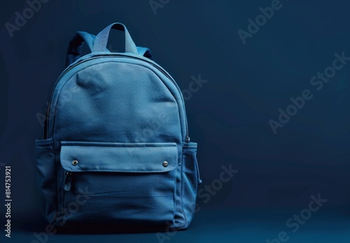 Blue backpack on dark blue background, back to school, education concept.