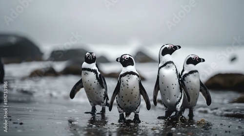 A trio of african penguins on a misty beach - wildlife in their natural habitat