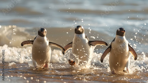 Three playful penguins frolicking in the ocean waves at golden hour