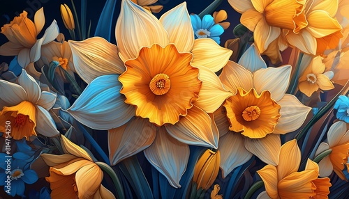 Flowers photorealistic, detailed, colorful, high-contrast, daffodil flowers montagne, nature, fleur, paysage, fleur, prairie,