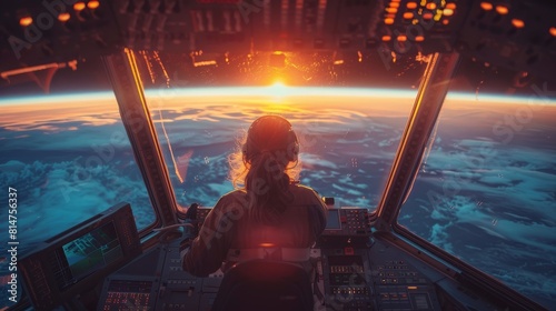 A space station crew member at a control panel, watching the sunrise over Earth, preparing for a spacewalk