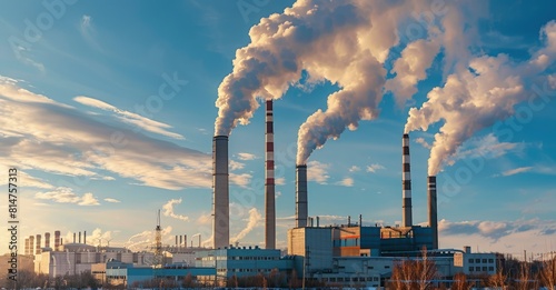 Industrial chimneys emitting large cloud of white and gray smoke into the sky, air pollution, environmental pollution.