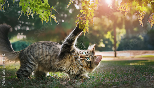 可愛い猫が新緑の公園で遊んでいる、にゃんニャン