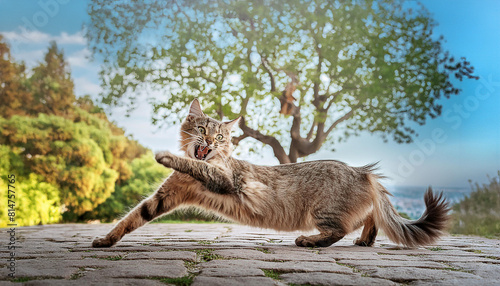 可愛い猫が新緑の公園で遊んでいる、体がやわらかいニャン