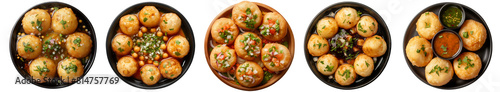 crispy round Panipuri in plate with mixture of potato, onion, chickpeas, tamarind water, garnished cilantro, and souce, isolated transparent PNG, Indian traditional local food top view