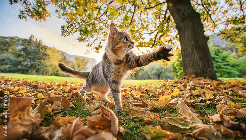 可愛い猫が秋の公園で遊んでいる