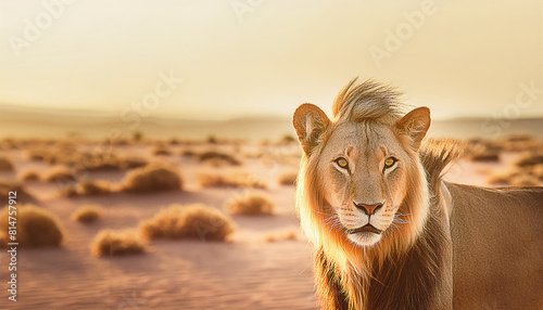 太陽を背に砂漠を歩くライオン