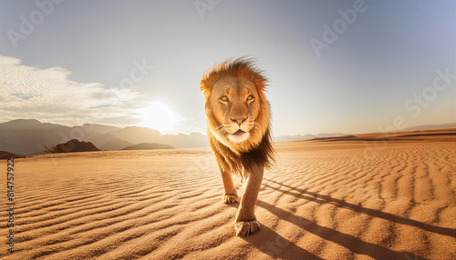 太陽を背に砂漠を歩くライオン