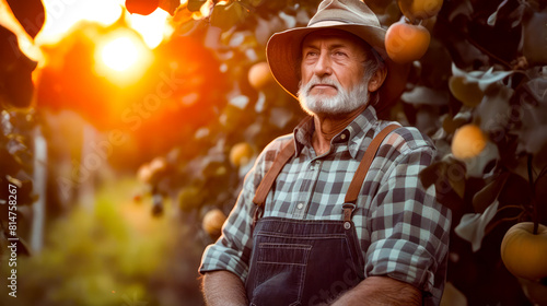 Man wearing hat and overalls standing in front of orange tree.