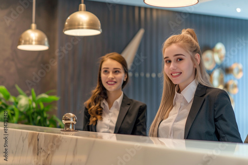 Smiling hotel receptionists welcomes a client at the counter. Beautiful and young hotel receptionists standing at the reception desk, Modern luxurious hotel reception 