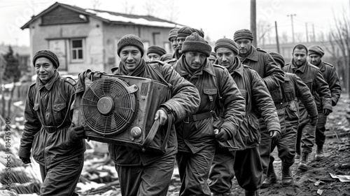 Black and white photo of group of men carrying old fan.