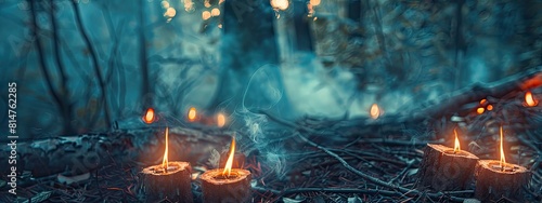 Candles and fortune telling magic in the forest. Selective focus.