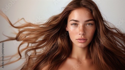 A beautiful caucasian woman showcasing long, smooth, and shiny brown hair, advertising hair dye products, hair care, white solid color background, copy space.