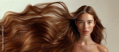 A beautiful caucasian woman showcasing long, smooth, and shiny brown hair, advertising hair dye products, hair care, white solid color background, copy space.