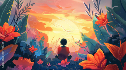Colorful sunset landscape with a child contemplating nature