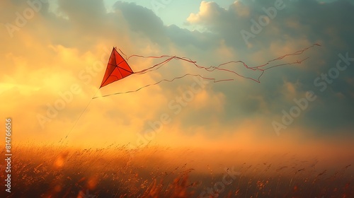 Capture the graceful arc of a kite soaring high in the sky, its tail trailing behind in a blur of motion against the backdrop of fluffy wh torts the air, creating a hazy blur around the edges.