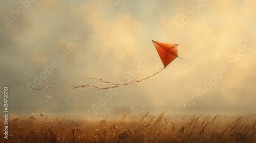 Capture the graceful arc of a kite soaring high in the sky, its tail trailing behind in a blur of motion against the backdrop of fluffy wh torts the air, creating a hazy blur around the edges.