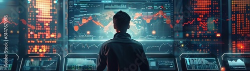 A visually striking representation of a cryptocurrency trader monitoring live trading data on multiple screens, with digital graphs floating in the air around them